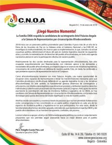 La familia CNOA respalda la candidatura de su integrante Ariel Palacios Angulo a la Cámara de Representantes por la Circunscripción Afrodescendiente