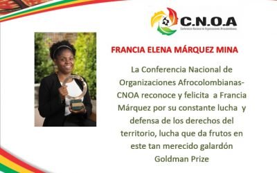 Francia Márquez, afrocolombiana que recibió el premio nobel de Medio Ambiental.